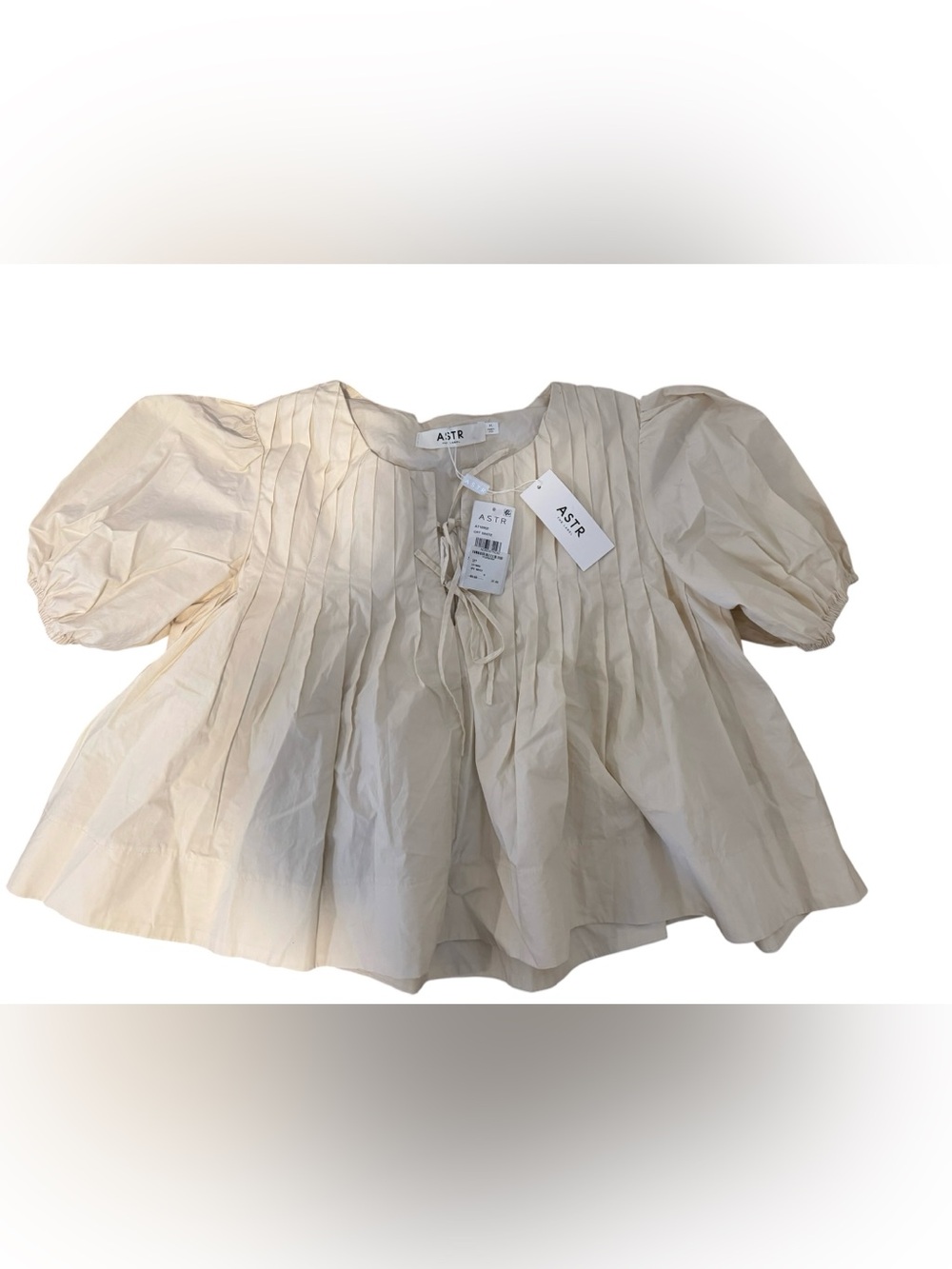 NWT - ASTR Cream Pleated Tie-Neck Puff Sleeve top